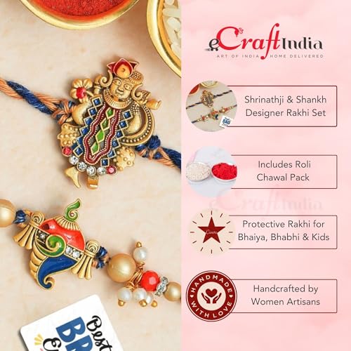 Image of eCraftIndia Lord Shrinathji and Shankh Designer Rakhi Set of 2 | Rakhi for Brother Bhaiya Bhai with Best Bro Ever Fridge Magnet | Roli Chawal Pack