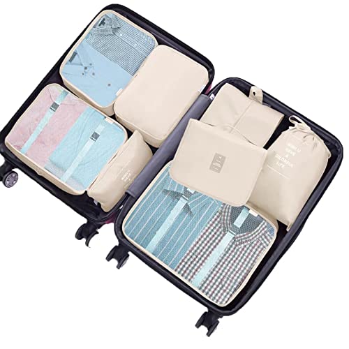 MURISE 8 Teilige Packing Cubes, Kleidertaschen, Koffer Organizer für Urlaub und Reisen, Packwürfel Set Reise Würfel, Ordnungssystem für Koffer - Beige