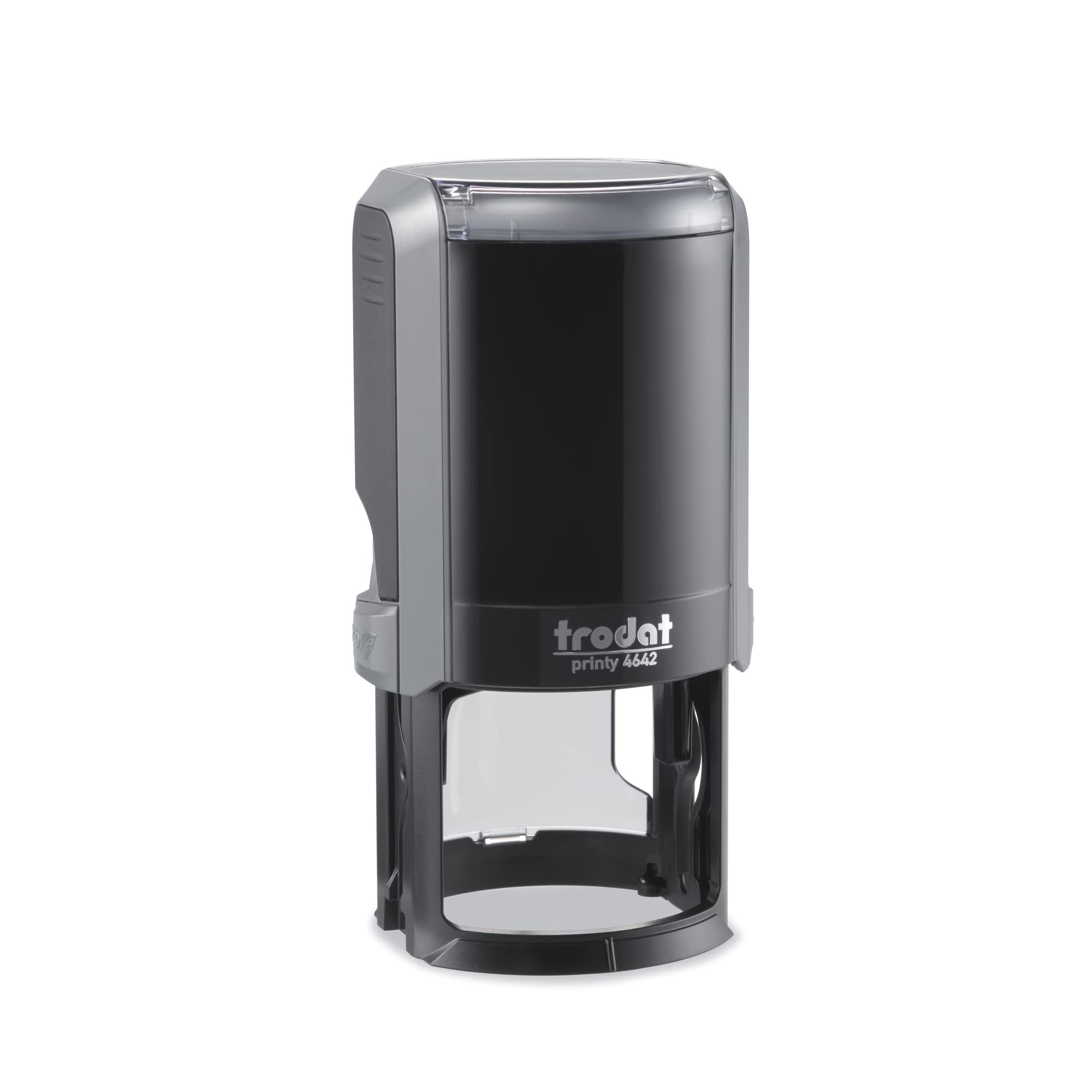 Trodat Printy 4642 Timbro Personalizzato Autoinchiostrante, Max 8 righe, Impronta ROTONDA Ø 42 mm, Grigio, Cartuccia Inchiostro Verde, per Loghi, Associazioni, Albi, Biblioteche, Shopper, Etichette