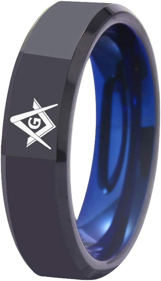 Masonic Freemason Compass Square Ring - 4mm/6mm Black Bevel Polished Finished and Blue Inside Tungsten Carbide - Free Customized Engraving