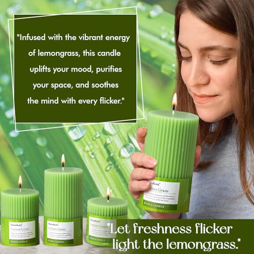 Image of ASIAN AURA Ribbed Pillar Candles - Pack of 3 | Scented Candles for Home Decor, Gifting & Festive Use | Long Burn time up to 36hrs | Clean-Burning Wax & Smokeless Flame (Lemon Grass)