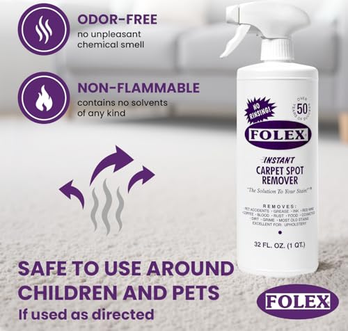 Image of FOLEX Instant Carpet Spot Remover 32 oz - Powerful Stain Remover for Carpets, Upholstery & Rugs - Eliminates Pet Stains, Grease, Red Wine, Food, Makeup & More - With Reusable Cleaning Cloth - 1 Pack
