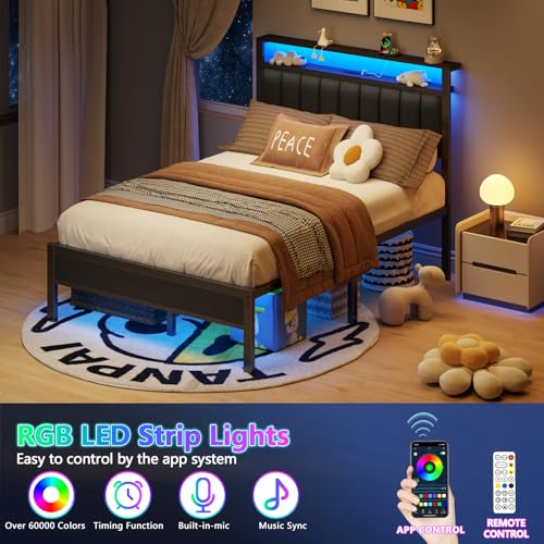 Image of Furnulem Full Size Bed Frame with Charging Station and LED Lights, Platform Bed with Metal Slats, Grey Upholstered Headboard with 2-Tier Storage Shelves, No Box Spring Needed