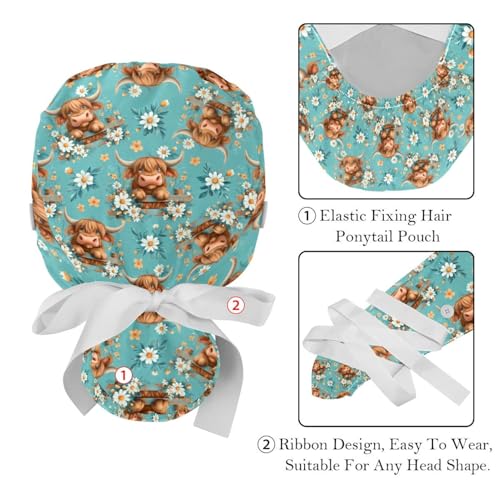 Image of 2 PCS Bouffant Cap with Button Ponytail Pouch Working Cap Sweatband Adjustable Surgical Cap Black and White Cow