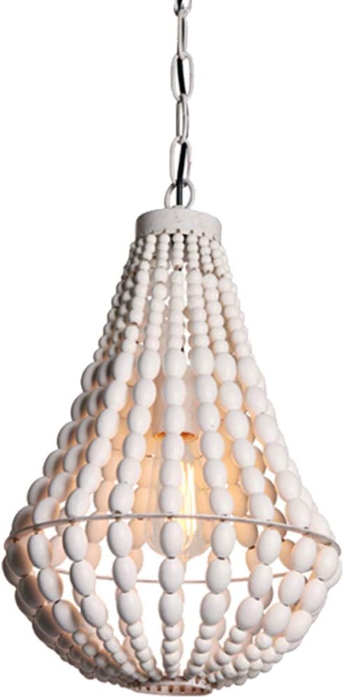 Wood Bead Chandelier Light Pendant Fixture Rustic Antique 1-Light White Finished Ceiling Lamp, Kitchen, Living Room, Bedroom