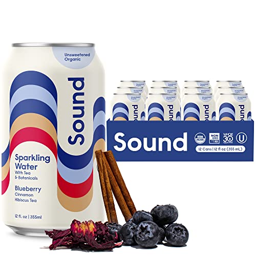 Sound Sparkling Water w/ Organic Tea & Botanicals - Unsweetened, Zero Calorie Sparkling Blueberry and Cinnamon Hibiscus Tea - Non-GMO Whole30 Caffeinated Sparkling Water, 12fl oz (Pack of 12)