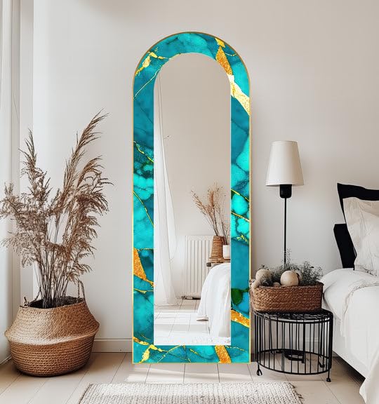 Specchio da pavimento in marmo con venature dorate oceaniche da 63,5 x 160 cm (larghezza x altezza), specchio da pavimento con cornice nera e cornice nera