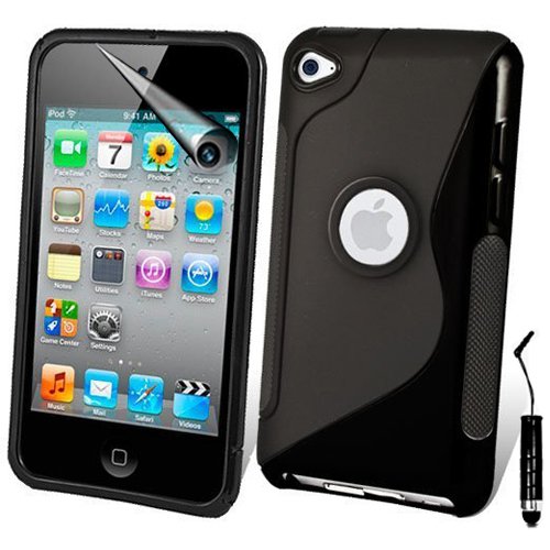 Apple Ipod Touch 4 4g 4th Generation S-Line Series Wave Hydro Gel Silicone Case Cover Skin Includes Screen Protector And Mini Stylus (iPod Touch 4 4th 4G, Black)