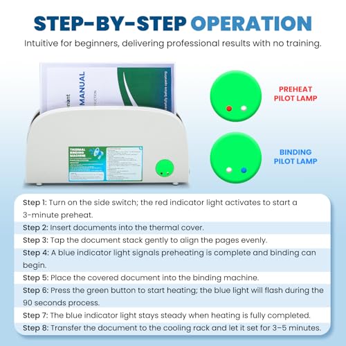 Mxmoonant Thermobindemaschine für A4 A5 Letter Papier, 33mm Max Dicke, 3-Min Vorheizen, Kompaktes Design mit Kühlgestell, Inklusive 5 Thermoabdeckungen - Ideal für Home Office Schule Projekte