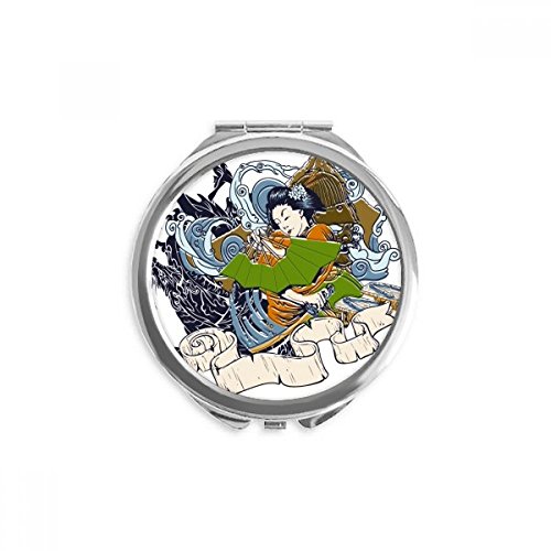 Espejo de maquillaje portátil redondo con ilustración de mujer samurai