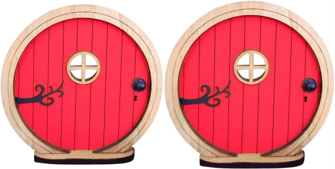 Yjemle 2Pcs Red Fairy Garden Door for Tree, Doors for Trees Outdoor & Tree Trunk, Mini Fairy Garden Sculpture Lawn Ornament Decor, Fairytale Tiny House Mini Gift, Fairytales Door Decoration