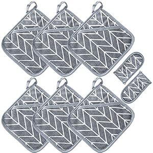 Heat Resistant Potholders Hot Pads-6 Kitchen Pot Holders Set with 2 Pan Hot Handle Holders Trivet for Cooking and Baking,with Recycled Infill Terrycloth Lining(Grey,8 Piece)