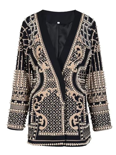 Elegant Pearl Beaded Blazer Dress for Women Loose Fit Deep V Neck Long Sleeve Female Fashion Jacket Wedding Prom Party