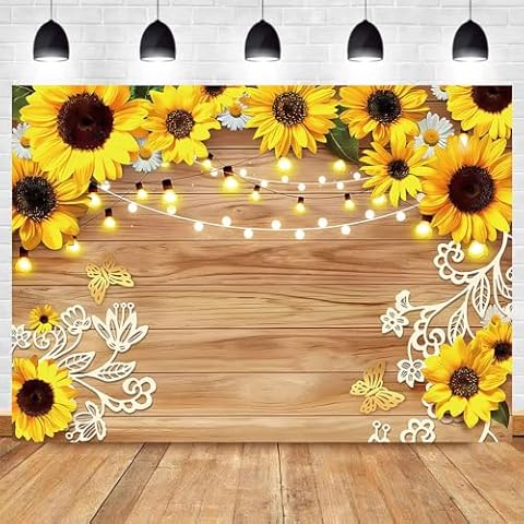 Yongqian 7x5ft Rustic Sunflower Photography Backdrop Farmhouse Floral Wooden Lights Backdrop Wedding Birthday Party Decoration Sunflower Backdrop Photo Studio Backdrop Cover