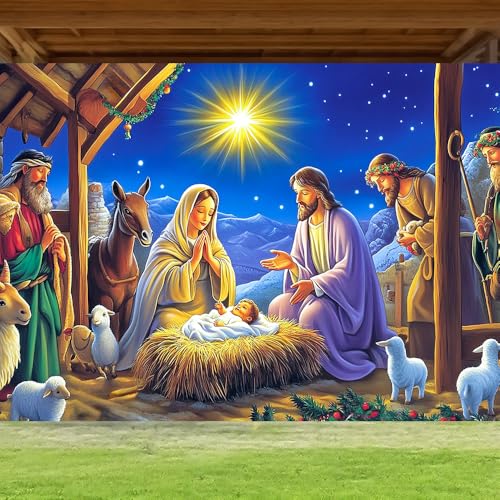 Image of Nativity Backdrop 71x43 Christmas Manger Scene Banner for Church