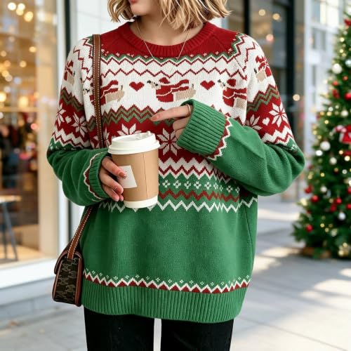 Christmas Cardigan,Christmas Sweaters for Women Crewneck Long Sleeve Snowflake Print Sweatshirt 2026 Trendy Ugly Funny Holiday Pullover Tops,Green2,L - image 2