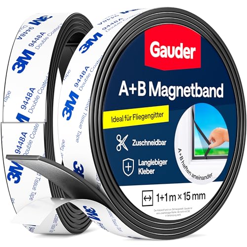 GAUDER A+B Magnetband für Fliegengitter & Moskitonetze - Selbstklebende Magnetstreifen mit starker gegenseitiger Anziehung - Magnetklebeband mit Gegenstück & starkem Kleber (1+1 m)