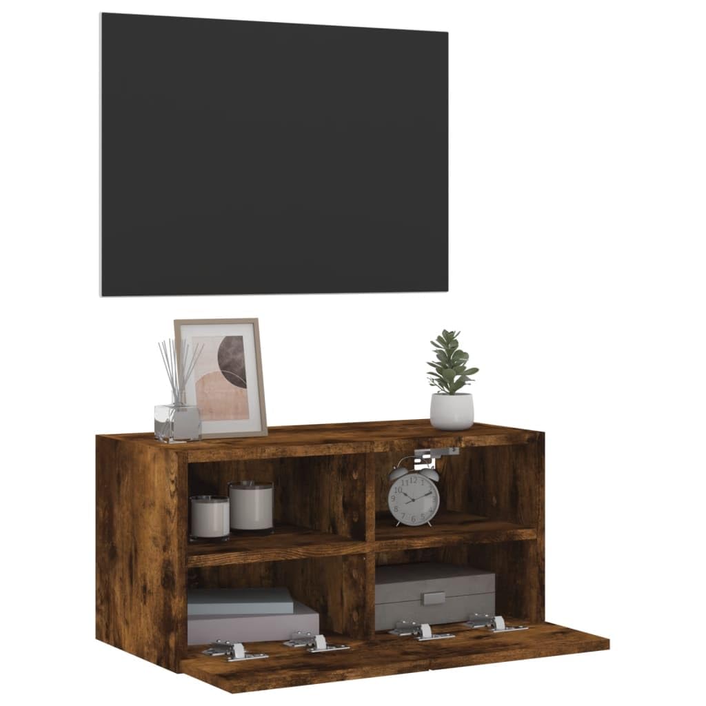 Fengshui Mobile da parete per TV, in legno di rovere affumicato, 60 x 30 x 30 cm | 2 ripiani, 2 scomparti dietro la porta, montaggio a parete, spazio per libri e DVD