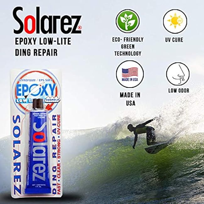 Solarez UV Cure Epoxy Low Lite Ding Repair (1 oz) Low Light Surfboard Repair ~ Sun Cures 100% Dry in Cloudy Weather! ~ EPS Foam Safe, Non Yellowing, Super Strong Fix in 3 Minutes! Made in The USA