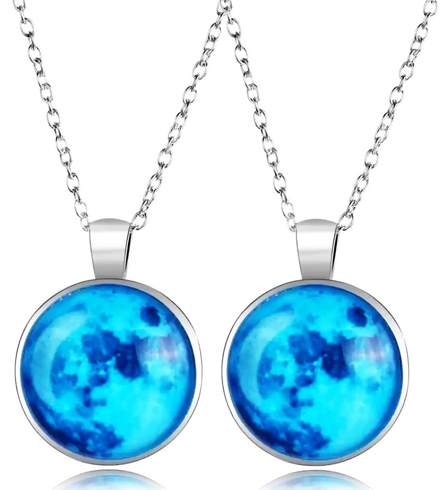 GenericDe-Ultimate (Set Of 2 Pcs) Unisex Romantic Glow In The Dark Rising Blue Moon Handmade Crystal Glass Dome Lunar Eclipse Alloy Luminous Locket Pendant Necklace With Chain