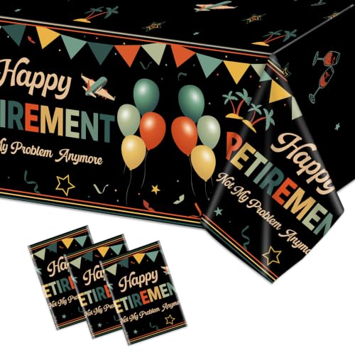 Image of Qyeahkj 3 Pcs Retirement Party Tablecloth Decorations Disposable Plastic Happy Retired Table Covers Black Vintage Tablecloths Retirement Birthday Supplies for Going Away Farewell Party Decoration