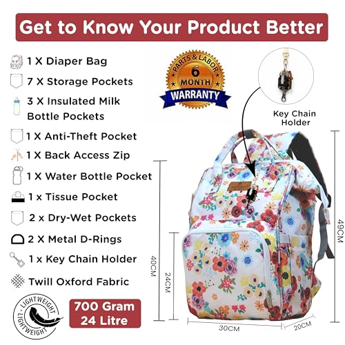 Image of Motherly Patented Diaper Bag Backpack for Moms | Waterproof Baby Travel & Maternity Bag | Spacious Nappy Bag with Insulated Bottle Pockets & Warranty (Floral Series)