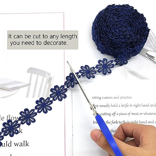 XCSJ 5 x 2.5cm Applique Sewing Edges Flower Embroidery Lace Ribbon Lace Fabric Daisy Polyester Flower Ribbon Appliques for Hair Band Clothes (All Dark Blue) - Image 4