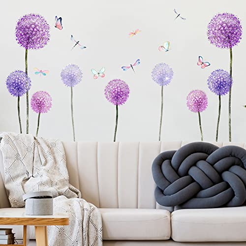 Eforcase Purple Dandelion Wall Decals Butterfly Dragonfly Wall Stickers Peel And Stick Wall Decals, Diy Wall Art Mural Wallpaper Decor For Bedroom Living Room Nursery Home Decor #TOP6