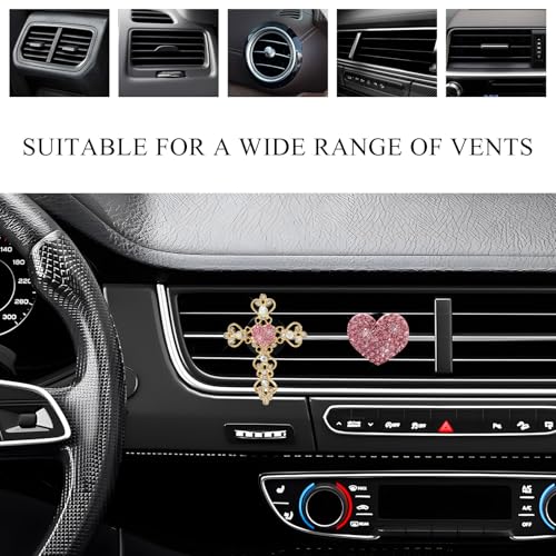 Image of 2 PCS Bling Car Vent Clip, Crystal Rhinestone Cross and Heart Car Air Fresheners Vent Clips, Diamond Car Air Conditioner Outlet Decoration Charm for Women, Car Accessories (Pink)