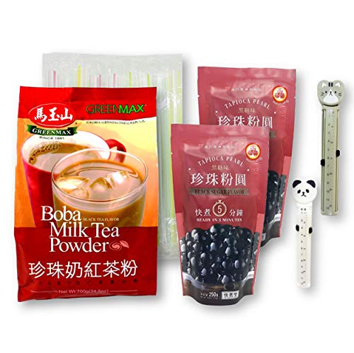 Boba Bubble Tea Bundle Pack of 1 Greenmax Boba Milk Tea Powder 24.7 Oz. , 2 Packs WuFuYuan Black Boba Tapioca Pearls, 25 Boba Straws Individually Wrapped, and 2 Calendar Storage Bag Clip (6-pIece Set)