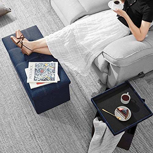 Image of ABTRIX WITH AB 30 inches Storage Ottoman Bench, Foldable Footrest Shoe Bench with 80L Storage Space, End of Bed Storage Seat, Support 150kg, Linen Fabric, Dark Blue