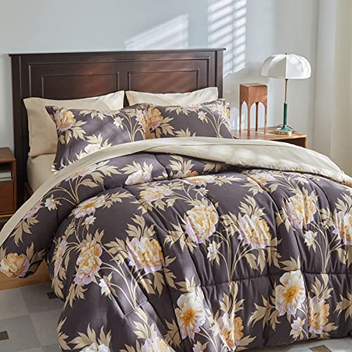 Uozzi Bedding Floral Comforter Sheet Set 7 Pieces Bed In A Bag Dark Grey Golden Flower King Size (1 Comforter 2 Pillow Shams 1 Flat Sheet 1 Fitted Sheet 2 Pillowcases) #TOP3