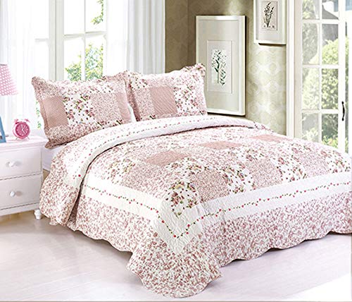 Sansar 3 Piece Traditional Quilted Bedspread Set Embossed Patchwork inc. 2 Pillowshams Single/Double/King (Rosa Pink Patchwork, Single (180x250cm))