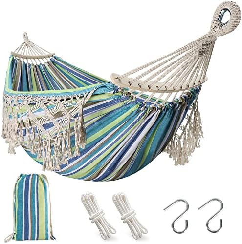 Oriolus Double Boho Macrame Hammock with Spreader Bar and Tassels Heavy Duty Indoor Outdoor 2 Person Hammock for Bedroom Patio Porch Backyard Max Load Upto 350 lbs