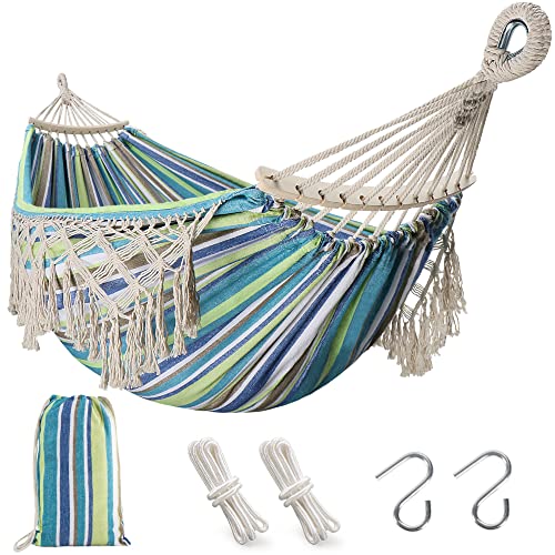 Oriolus Double Boho Macrame Hammock With Spreader Bar And Tassels Heavy Duty Indoor Outdoor 2 Person Hammock For Bedroom Patio Porch Backyard Max Load Upto 350 Lbs #TOP2