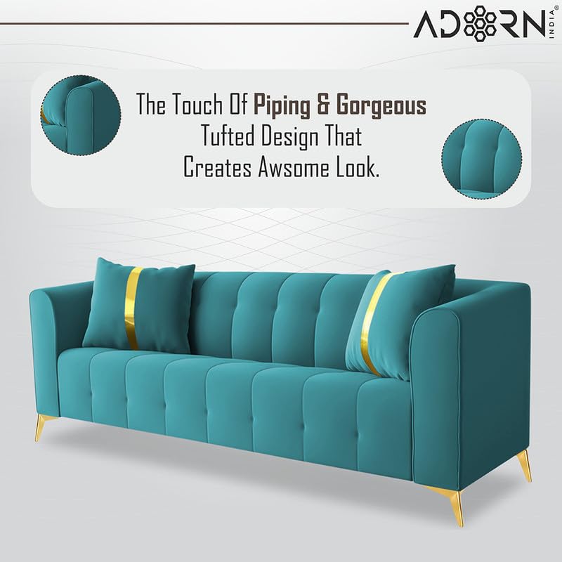 Image of Adorn India Premium Mystic - 3 Years Warranty - 3+1+1 Sofa Set Velvet Suede Fabric - Aqua Blue