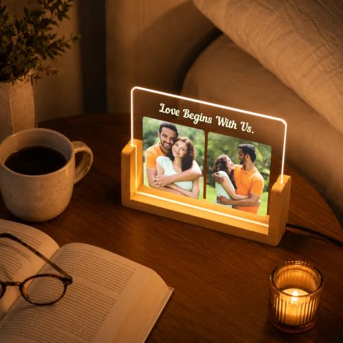 Image of Giftplease Personalized LED Acrylic Photo Frame for Couple with Custom Picture and Message, Romantic Bedroom Table Decor, Anniversary Keepsake, USB Night Lamp, Wooden Base Home Display Art