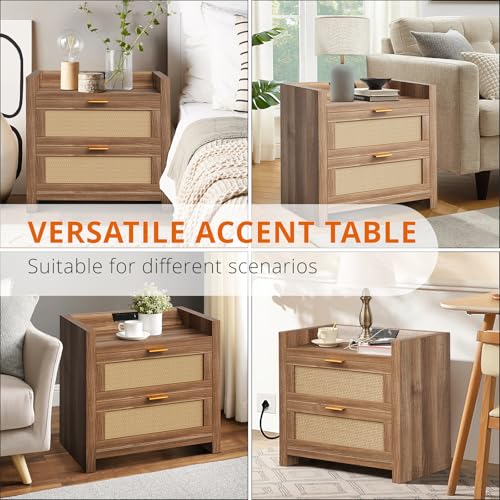Image of Garvee Night Stand Set of 2, Rattan Nightstands with Charging Station, Boho Bed Side Tables with 2 Drawers, Modern Night Stand for Bedroom, Study, Living Room, Walnut
