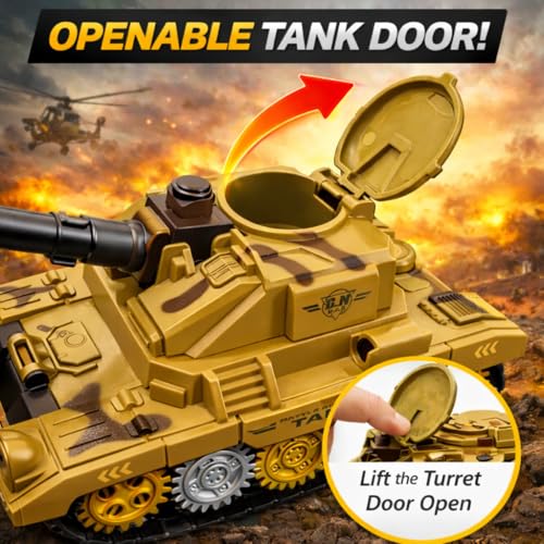 Image of TEC TAVAKKAL Battle Breakers Toy Military Tank for Kids with Mini Tank Launcher, 360 Rotating Turret & Adjustable Cannon | Action Battle Toy Vehicle with Moving Wheels for Kids (Tan)
