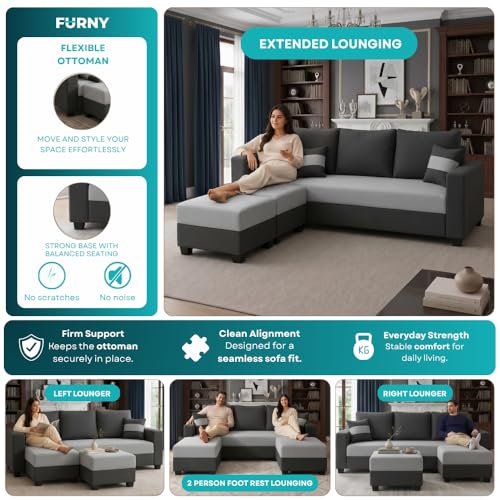 Image of FURNY Aura 5 Seater L Shape Sofa Set with 2 Movable Ottoman | Flexible Left or Right Layout | Plush Velvet Fabric (Light Grey-Dark Grey) | Perfect for Living Room, Guest Room & Office