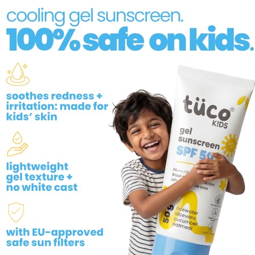 Image of Tuco Kids Gel Sunscreen SPF 50 with Aloe Vera | UVA /UVB PA++++ | Broad Spectrum Protection | Benzophenone- 3 and Avobenzone Free | Ages 2-5, 5-10, 10-15 | 50gm