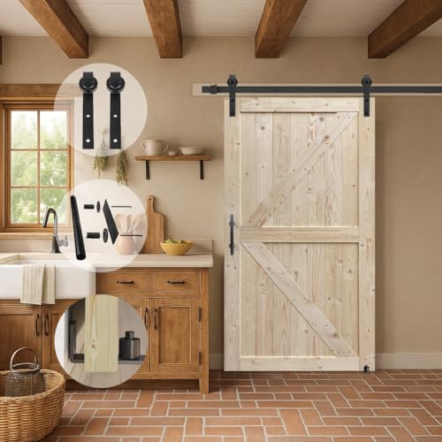 Image of S&Z TOPHAND 42in x 96in Unfinished British Brace Knotty Barn Door with Sliding Door Hardware Kit /Solid Wood /Sliding /Double Surfaces /A Simple Assembly is Required