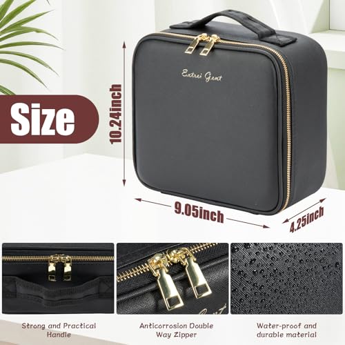 Image of Travel Train Case With Mirror LED Light 3 Adjustable Brightness Cosmetic Bag Portable Storage Partition Waterproof Makeup Brushes Jewelry Gift for Women, Black, Easy to Carry