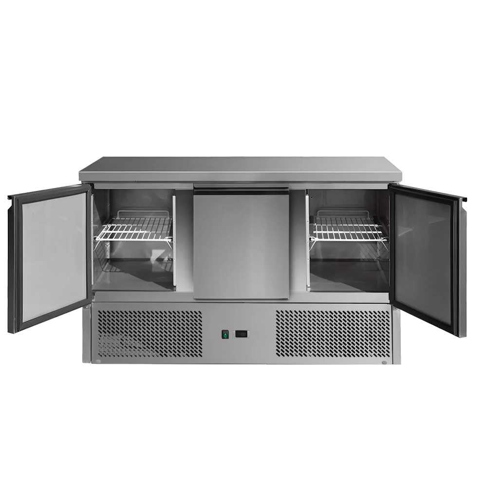 MBH - Mesa refrigerada de acero inoxidable 3 puertas 260 litros fondo 700mm. Mesa fría bajo mostrador para bar, restaurante y hostelería.