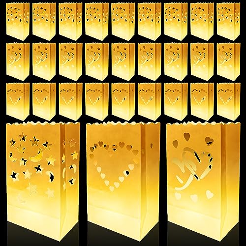30 bolsas de luz de papel para velas: 3 estilos, bolsas de luz blancas, bolsas decorativas para velas, bolsas de papel para velas LED, velas de té, linternas de papel, para cumpleaños, decoración de
