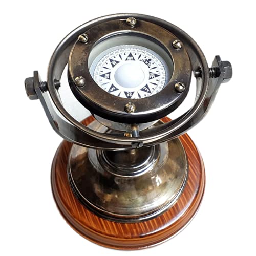 Antique Brass Nautical Gimbal Compass Binnacle Gimballed Compass Fully Functional Working Directional Compass with Wooden Base Stand & Rotating Axis Maritime Gift Decor by MSON.