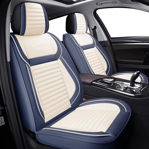 LINGVIDO Waterproof Car Seat Covers Front Pair, Universal Leather Seat Covers for Cars SUV Trucks with Head Pillow, Automotive Protectors Fit Most Vehicles (White & Blue)