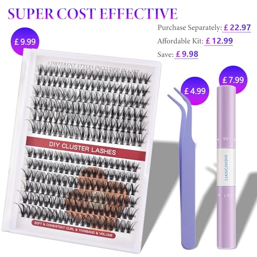 Cluster Lashes Extensions Kit 240 Pcs D Curl Individual Lashes 30D+40D 10-16mm Mixed DIY Lashes Volume Fluffy False Eyelashes with Bond and Seal Applicator at Home Lashes Kit (30D+40D) - Image 2