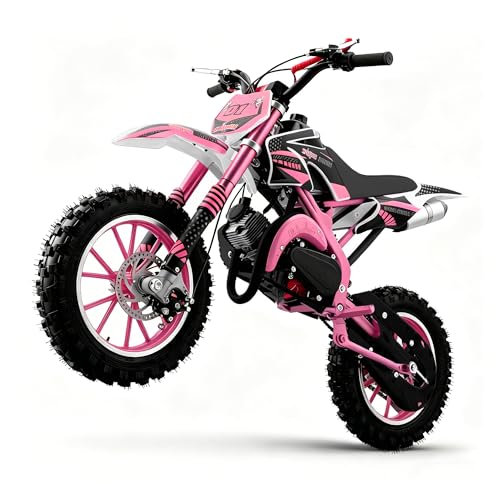 Image of 50cc Dirt Bike, 2 Stroke Gas Mini Bike for Kids 8-14 with Front Rear Disc Brakes, 10 Inch Off-Road Tires, Shock Absorption, Seat Height 23.6in, Max Speed 40mph, 2026 Upgraded,Pink