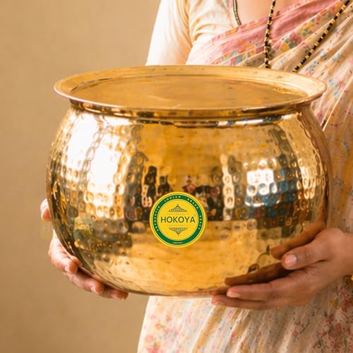 Image of HOKOYA Brass Handi with Lid | Heavy Hammered Pital Cooking Pot for Biryani, Dal, Rice | Indian Kitchen Utensil & Gifting (10 LTR)